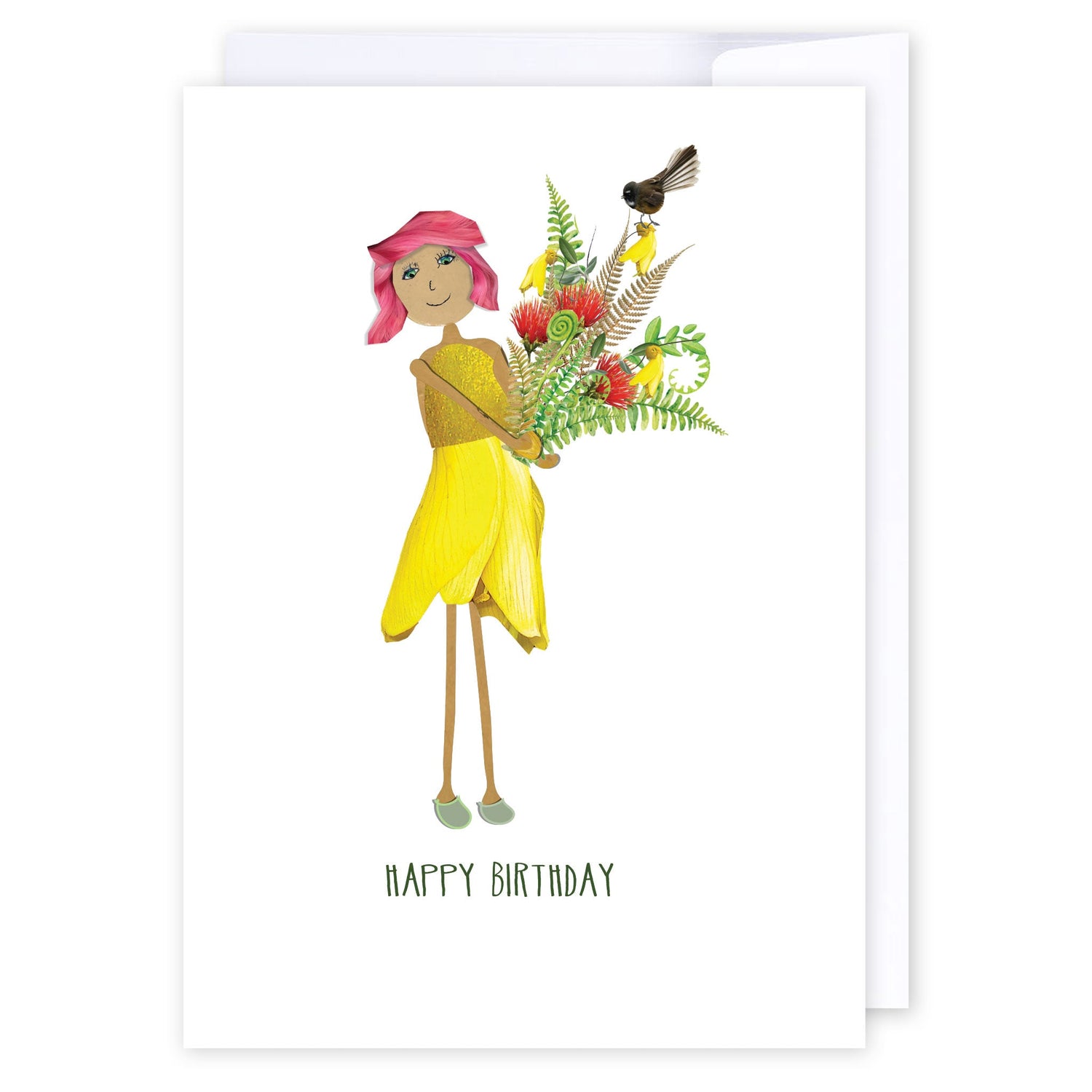 Happy Birthday Kowhai dress: NZ Made Greeting Card, Best sellers, Birthday, Jandal & Ink by iCandy Publishing
