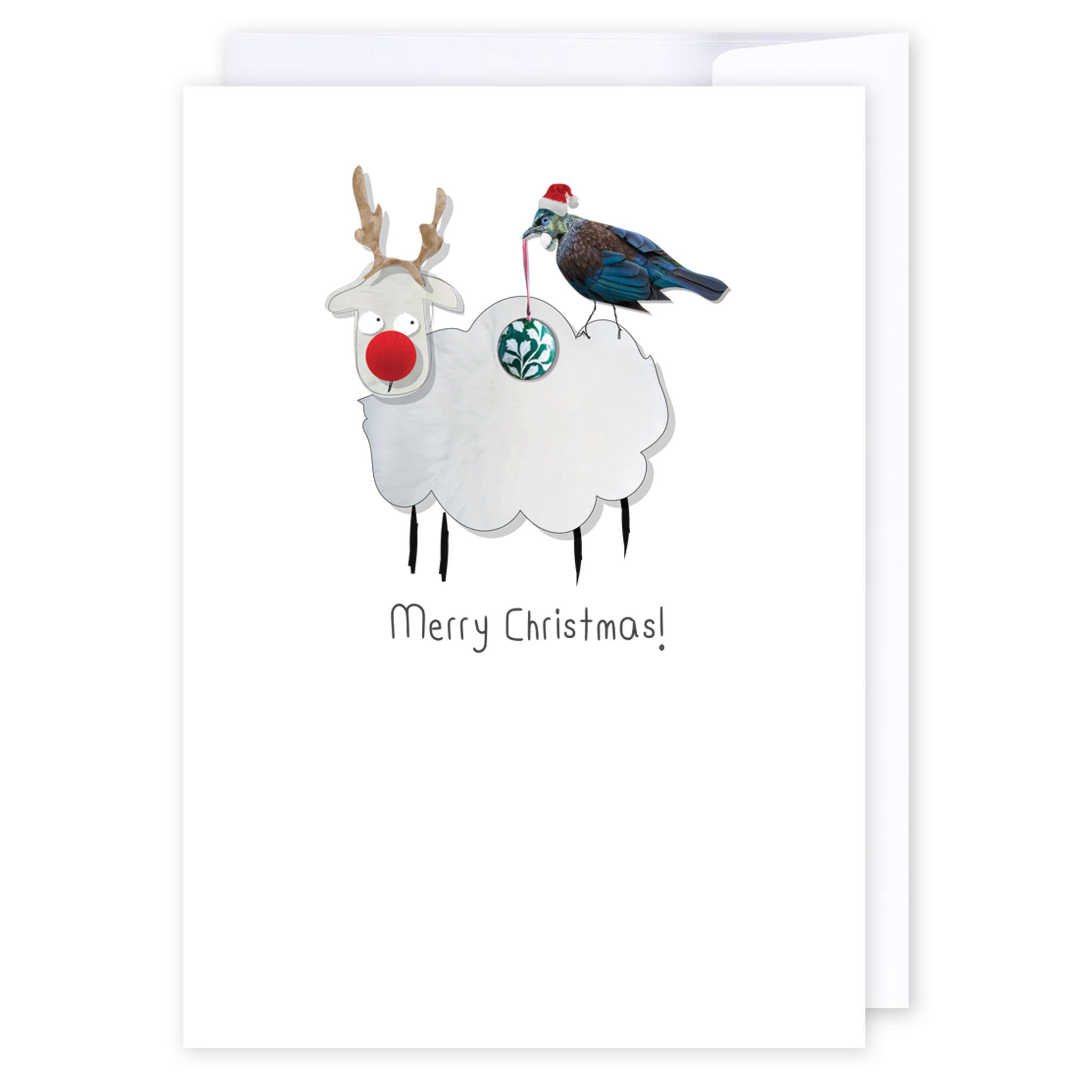 Merry Christmas Sheep & Tui: NZ Made Greeting Card, Christmas, Kiwiana, by Icandy Design Ltd
