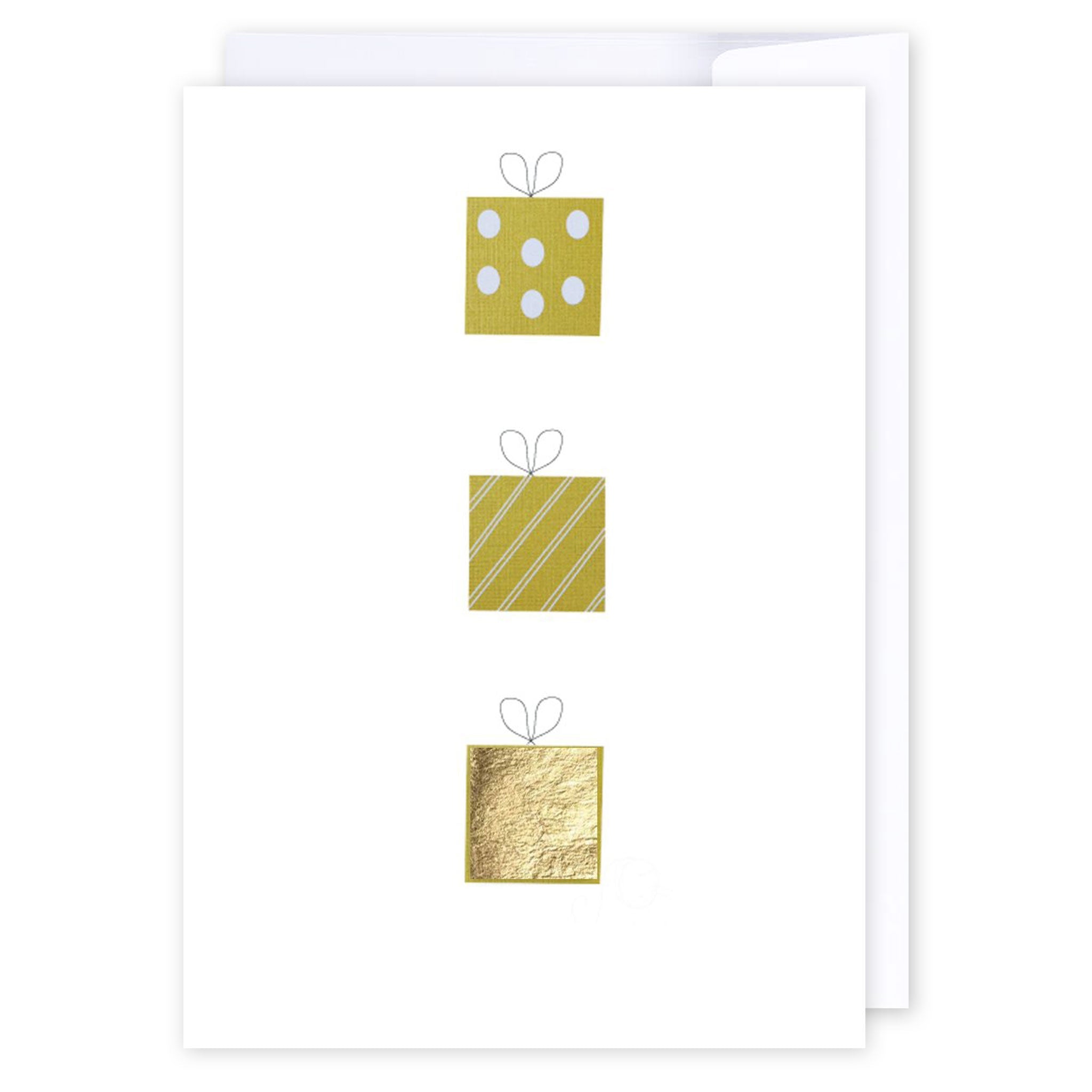 Row of gold presents: NZ Made Greeting Card, Birthday, Versatile Message, by Icandy Design Ltd