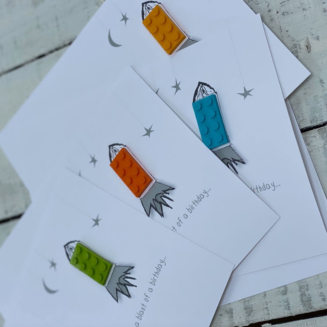 Lego rocket: NZ Made Greeting Card, Best sellers, Birthday, For Kids by Icandy Design Ltd