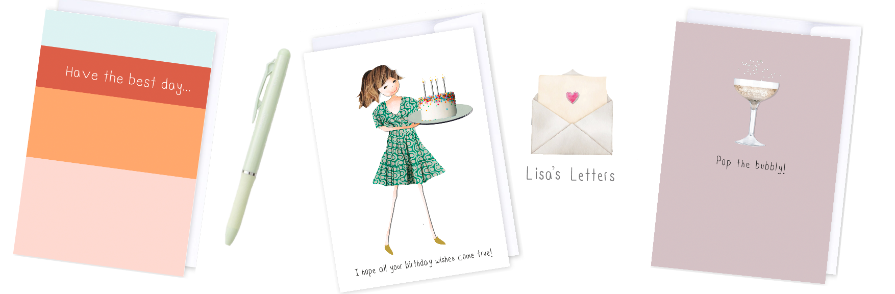 Lisa's Letters Banner image showing 3 greeting cards and pen by icandy publishing
