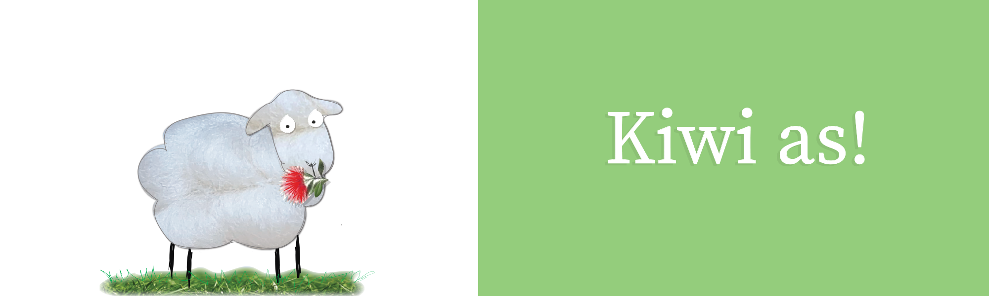 Kiwi As banner for icandy greeting cards showing a picture of a sheep with pohutukawa flower