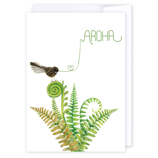 Aroha Fantail: NZ Made Greeting Card, Best sellers, Jandal & Ink, Kiwiana by iCandy Publishing