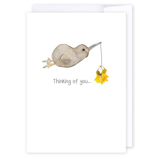 Kiwi with Kowhai: NZ Made Greeting Card, Appreciation, Jandal & Ink, Kiwiana by iCandy Publishing