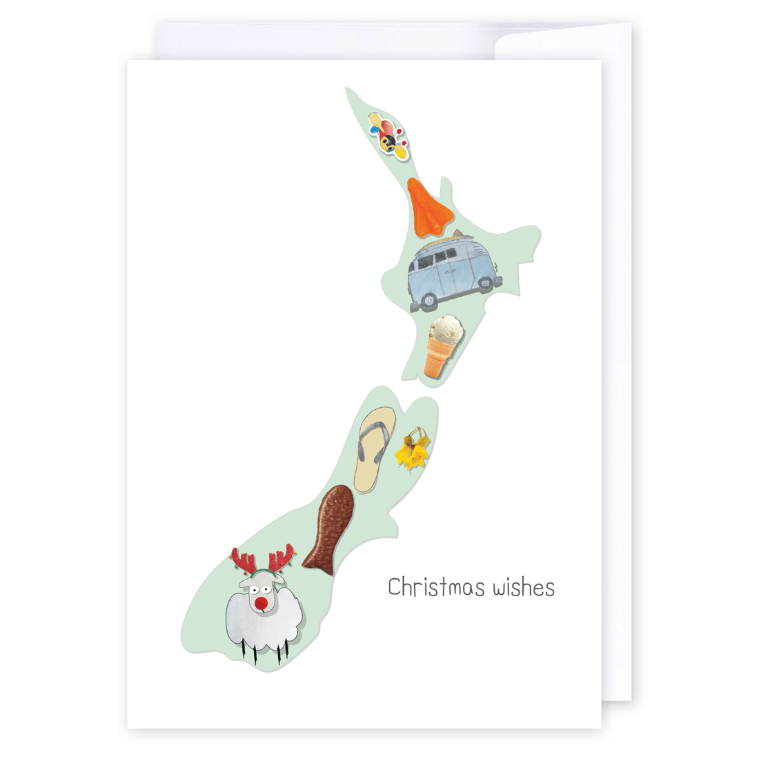 Kiwiana Map: NZ Made Greeting Card, Christmas, Jandal &amp; Ink, New by iCandy Publishing