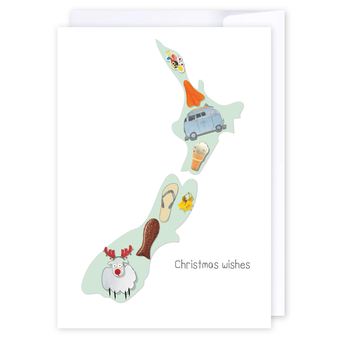 Kiwiana Map: NZ Made Greeting Card, Christmas, Jandal & Ink, New by iCandy Publishing
