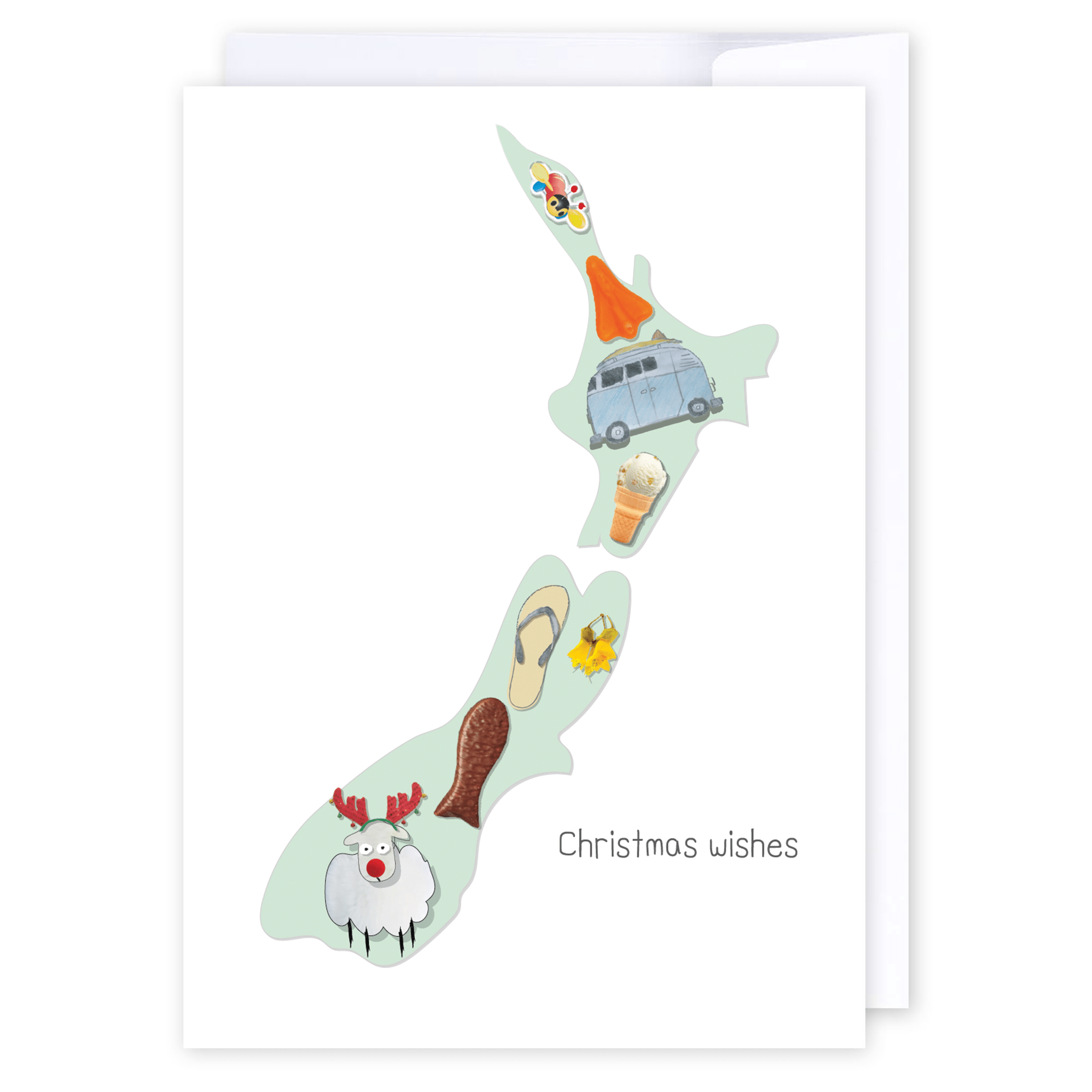 Kiwiana Map: NZ Made Greeting Card, Christmas, Jandal &amp; Ink, New by iCandy Publishing