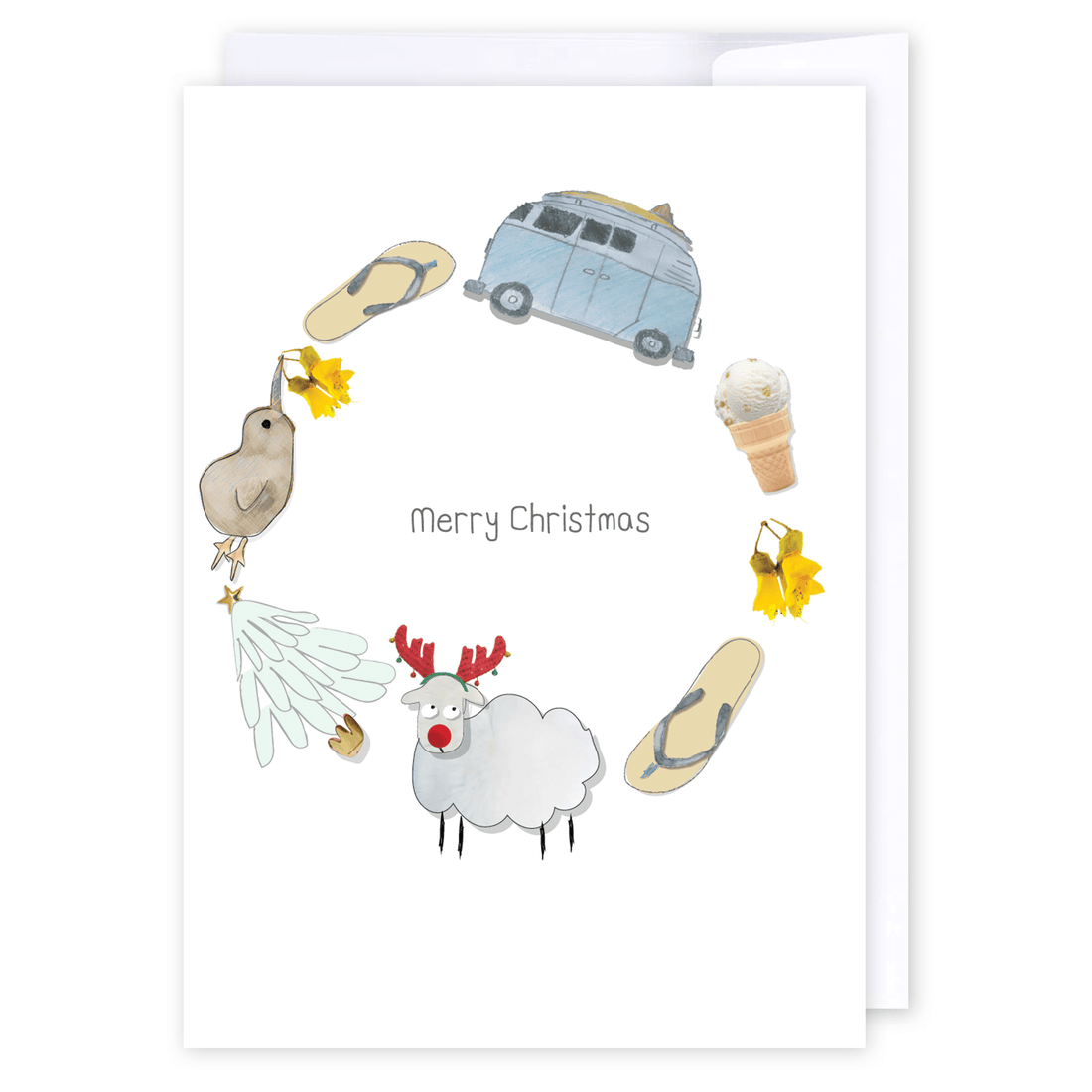 Kiwiana Wreath: NZ Made Greeting Card, Christmas, Jandal &amp; Ink, by iCandy Publishing