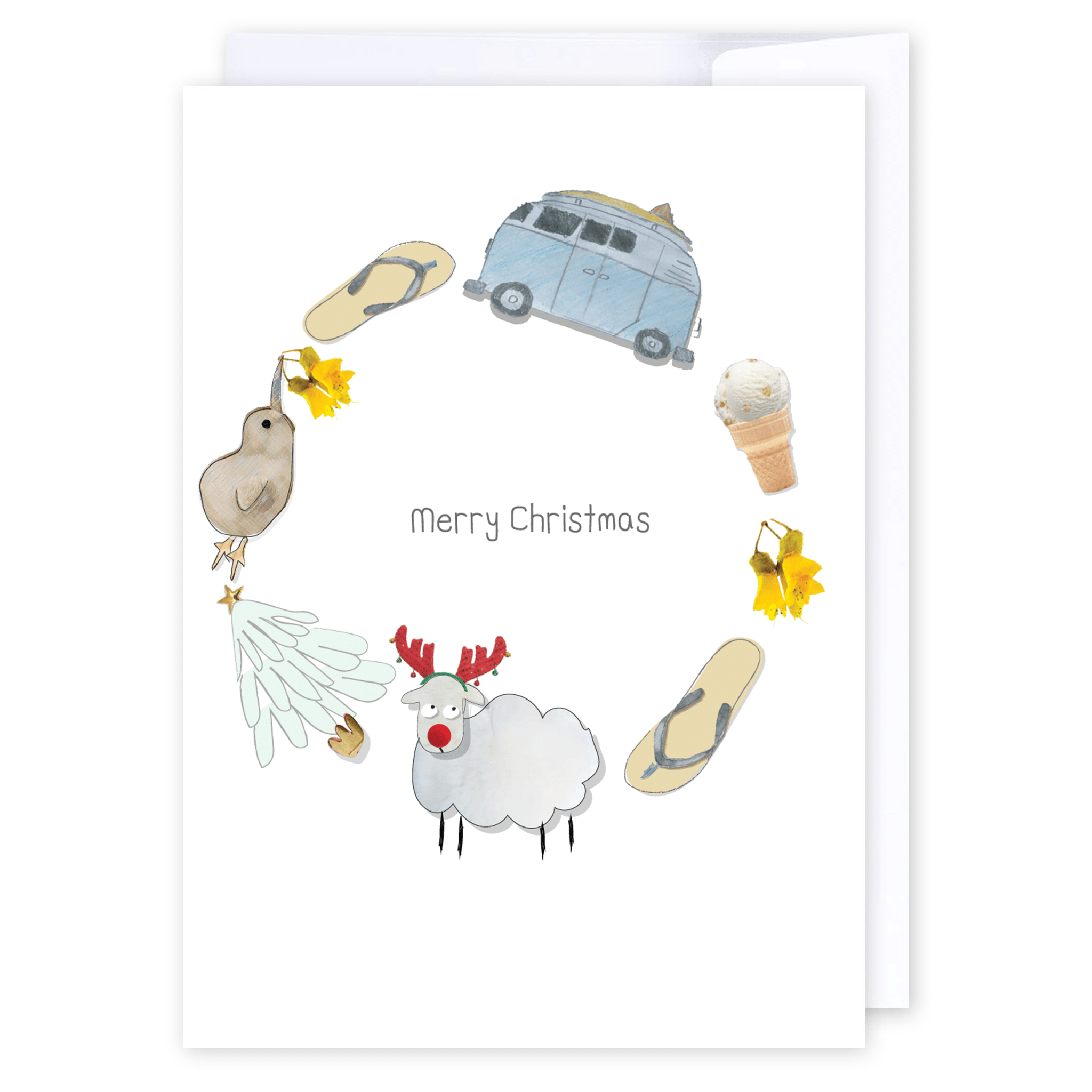 Kiwiana Wreath: NZ Made Greeting Card, Christmas, Jandal &amp; Ink, New by iCandy Publishing