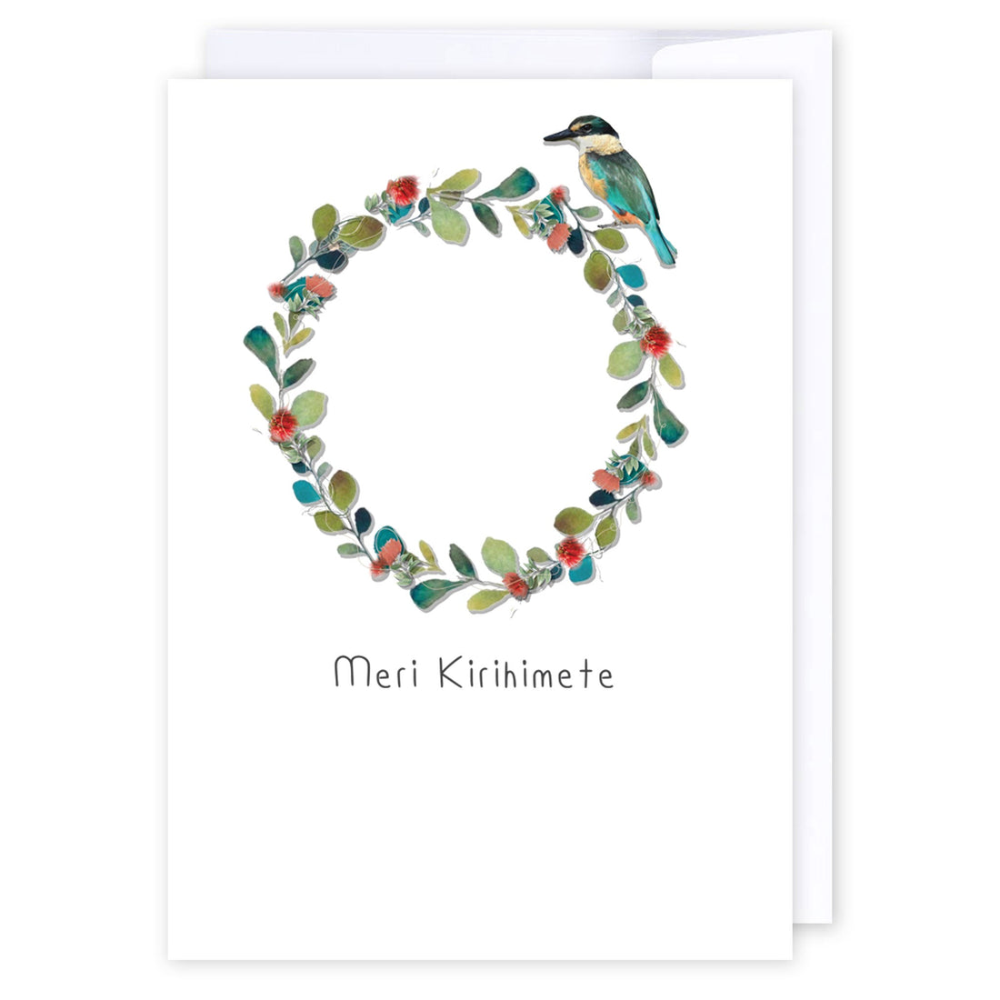 Meri Kirihimete Kingfisher Wreath: NZ Made Greeting Card, Christmas, Kiwiana, by Icandy Design Ltd