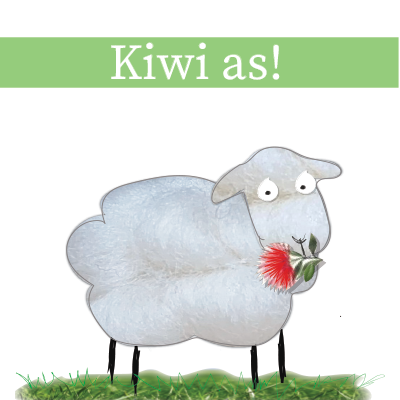 Kiwi As banner for icandy greeting cards showing a picture of a sheep with pohutukawa flower