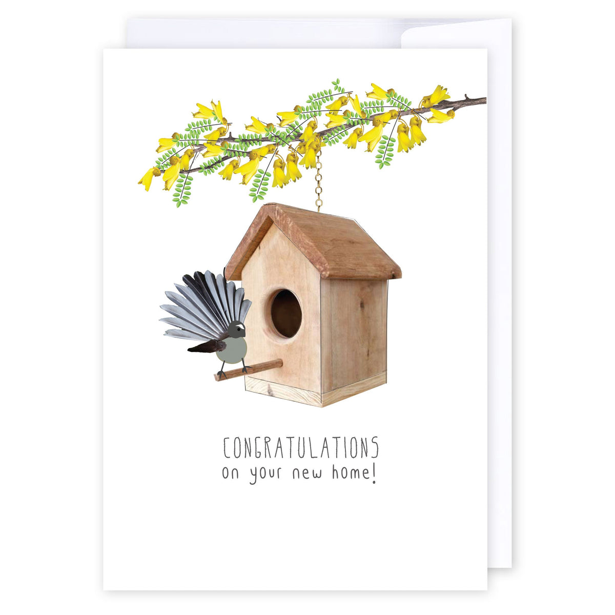 New Home Fantail: NZ Made Greeting Card, Congratulations, Jandal & Ink, Kiwiana by iCandy Publishing