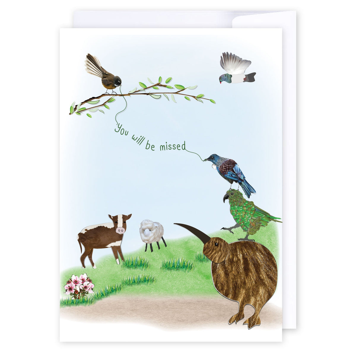 NZ birds you will be missed: NZ Made Greeting Card, Farewell, Jandal & Ink, Kiwiana by iCandy Publishing