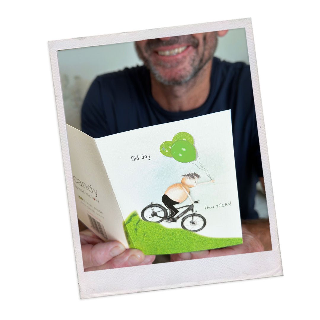 Old dog new tricks bike: NZ Made Greeting Card, Birthday, For Him, Fun by Icandy Design Ltd