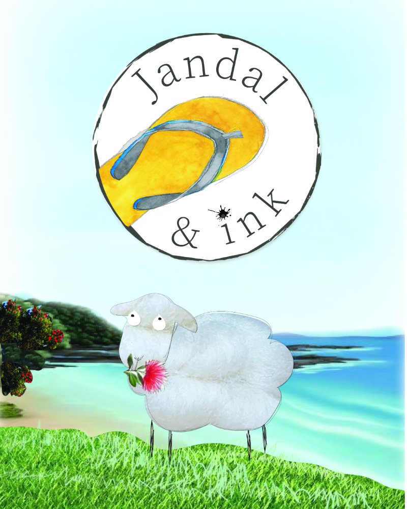 Jandal & Ink image with greeting card illustration of a sheep with pohutukawa flower by icandy publishing