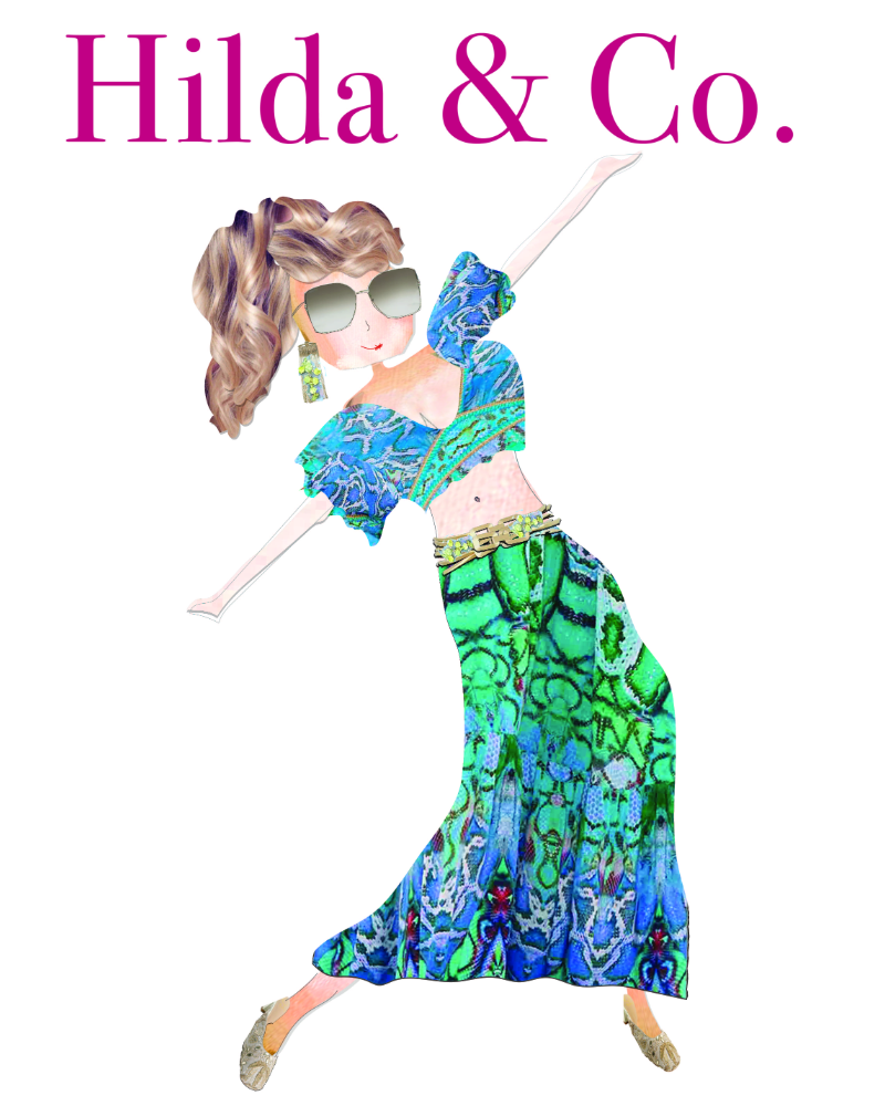 Hilda & Co image with greeting card illustration of Hilda wearing a blue skirt and blouse by icandy publishing