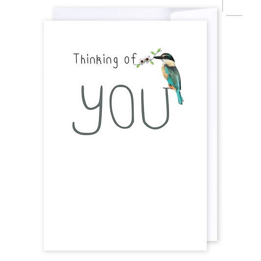 Thinking of you Kingfisher: NZ Made Greeting Card, Jandal & Ink, Kiwiana, Thinking of you by iCandy Publishing