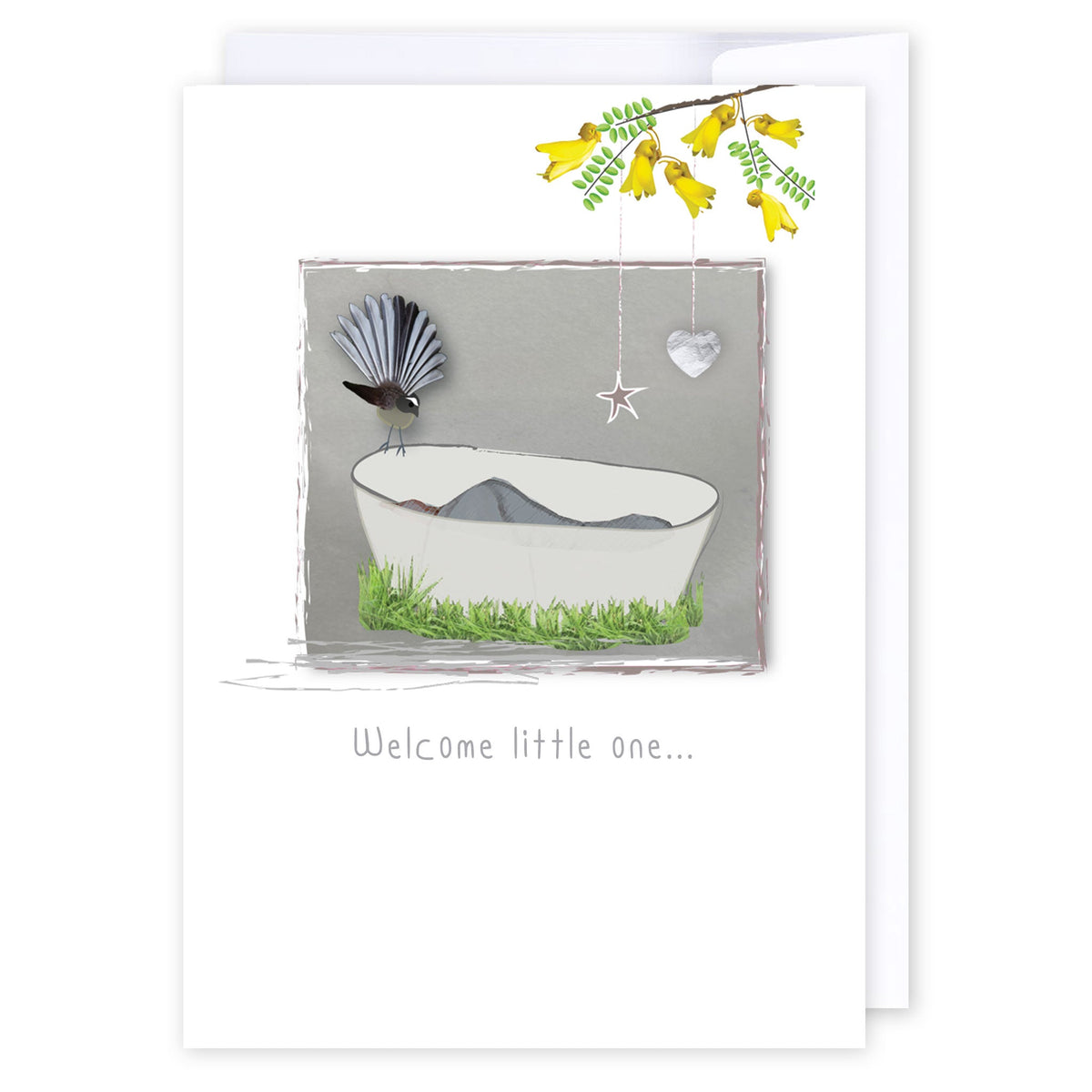 Welcome little one Fantail & Kowhai: NZ Made Greeting Card, Baby, Jandal & Ink, Kiwiana by iCandy Publishing